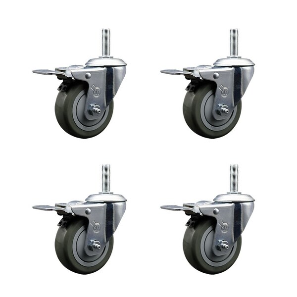 35 Inch Gray Polyurethane Swivel 34 Inch Threaded Stem Caster Set with Total Lock Brake